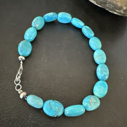 Women's Blue Turquoise Bead Bracelet | Southwestern Sterling Silver Link | 9" | 17229