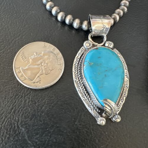 Navajo Blue Turquoise Pendant Necklace | Sterling Silver Pearls | Authentic Native American Handmade | 15645