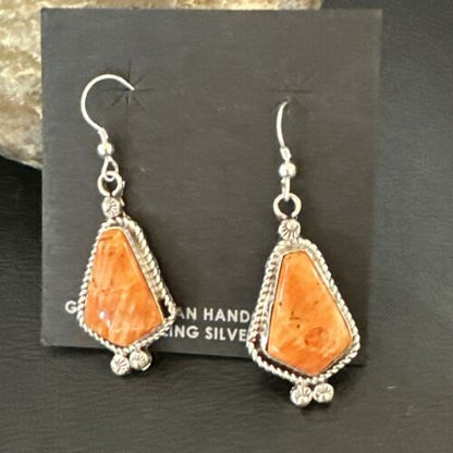 Navajo Orange Spiny Oyster Dangle Earrings | Sterling Silver | Authentic Native American Handmade | 17273