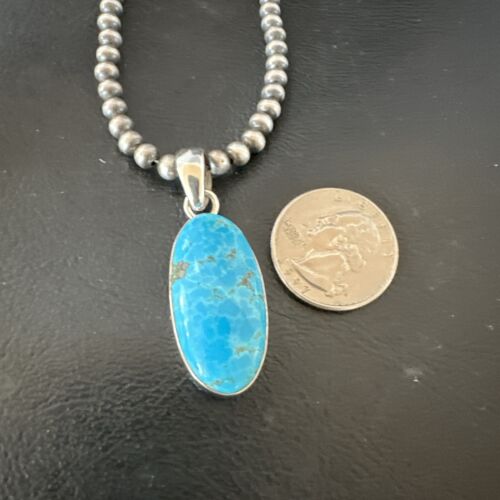 Navajo Blue Kingman Turquoise Pendant with Pearls | Sterling Silver Necklace | 20" | 16993