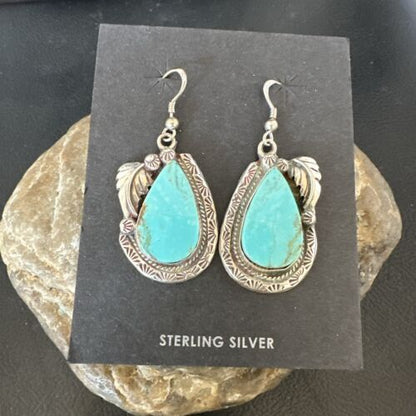 Navajo Blue Kingman Turquoise Dangle Earrings | Sterling Silver | Authentic Native American Handmade | 17373