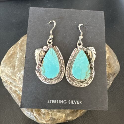 Navajo Blue Kingman Turquoise Dangle Earrings | Sterling Silver | Authentic Native American Handmade | 17373