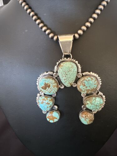 Navajo Blue Turquoise #8 Squash Blossom Necklace Naja Pendant | Sterling Silver | Authentic Native American Handmade | 16896