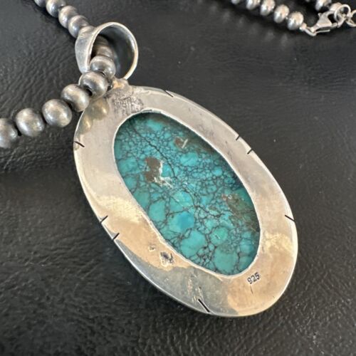 Men's Navajo Blue Spiderweb Turquoise Pendant Necklace | Sterling Silver | Native American Handmade | 16192
