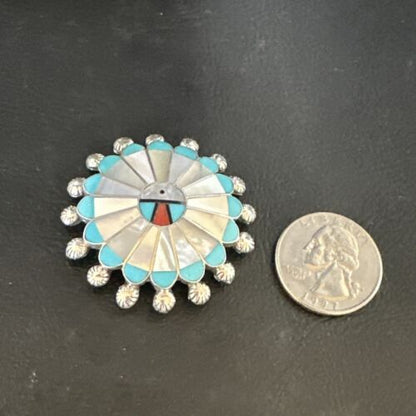 Sunface Zuni Inlay Turquoise Mother of Pearl Pin Pendant | Sterling Silver | Authentic Native American Handmade | 15176