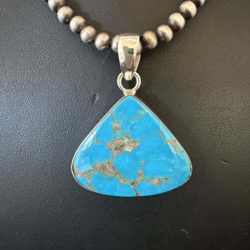 Navajo Blue Kingman Turquoise Pendant Necklace | Sterling Silver | 20" | Authentic Native American Handmade | 17002