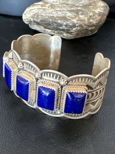 Navajo Blue Lapis 5 Stone Cuff Bracelet | Sterling Silver | XL Men's | Authentic Native American Handmade | 15861