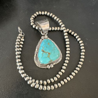 Navajo Blue Kingman Turquoise Necklace Pendant | Sterling Silver | Authentic Native American Handmade | 17476