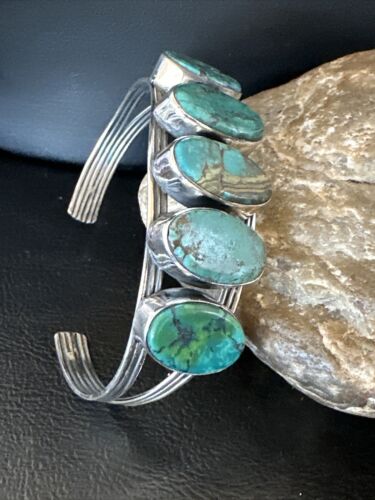 Women's Blue Turquoise 5-Stone Cuff Bracelet | Navajo Sterling Silver | Authentic Native American Jewelry | 16166