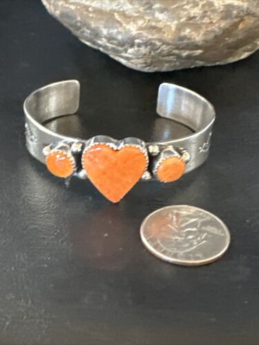 Navajo Orange Spiny Oyster Heart Cuff Bracelet | Sterling Silver | Authentic Native American Handmade | 15349