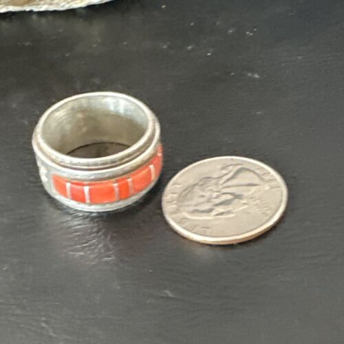 Navajo Coral Inlay Ring | Sterling Silver | Sz 11 | Authentic Native American Handmade | 15912