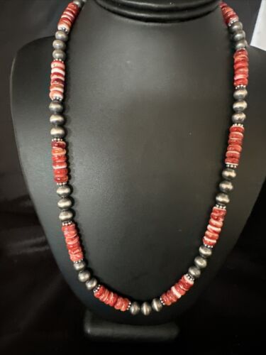 Navajo Pearls Red Spiny Oyster Necklace | 8mm Sterling Silver | Authentic Native American Handmade | 22" | 14850