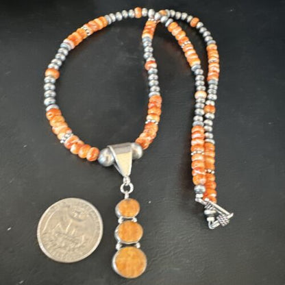 Navajo Orange Spiny Oyster Pendant with Pearls | Sterling Silver Necklace | Authentic Native American Handmade | 15255