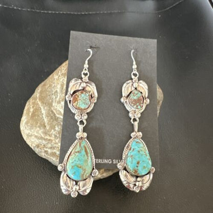 Navajo Blue Turquoise #8 Dangle Earrings | Sterling Silver | Authentic Native American Handmade | 16909
