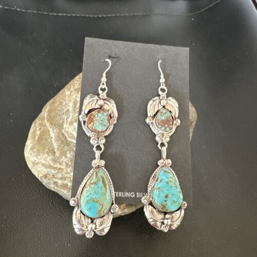 Navajo Blue Turquoise #8 Dangle Earrings | Sterling Silver | Authentic Native American Handmade | 16909