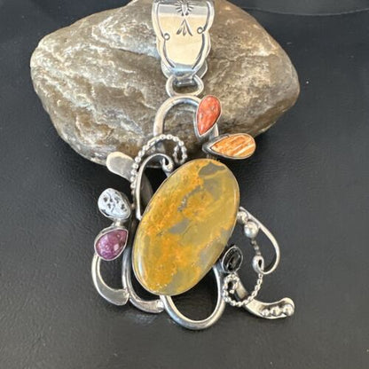 Navajo Sterling Silver Spiny Bumblebee Necklace Pendant | Multi-Stone | Authentic Native American Handmade | 16106