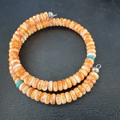 Navajo Orange Spiny Oyster Blue Turquoise Bracelet | 6mm Memory Wire Steel | Authentic Native American Handmade | 17621