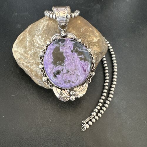 Navajo Purple Charoite Pendant with Pearls | Sterling Silver Necklace | Authentic Native American Handmade | 17154