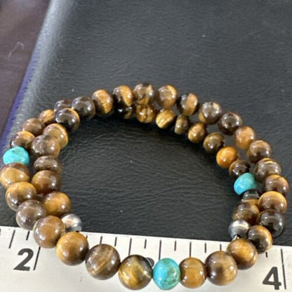 Navajo Blue Turquoise Coffee Tiger's Eye Bracelet | Stainless Steel Memory Wire | Authentic Native American Handmade | 17627
