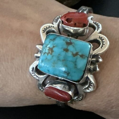 Kingman Turquoise Coral Cuff Bracelet | Navajo Tufa Cast | Sterling Silver | Authentic Native American Handmade | 16780