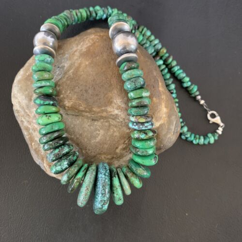 Navajo Sterling Silver Green Turquoise Bead Necklace | Graduated | Authentic Native American | 20" | 13237