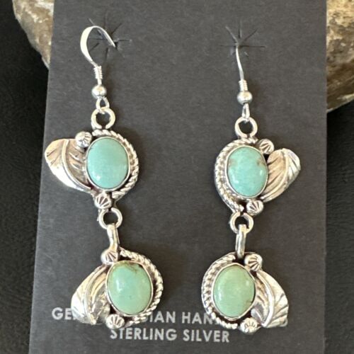 Navajo Blue Turquoise Dangle Earrings | Sterling Silver | 1.5" | Authentic Native American Handmade | 17384