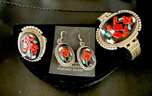 Native American Zuni Inlay Necklace Earrings Bracelet Set | Turquoise Onyx Coral | Sterling Silver | 16168