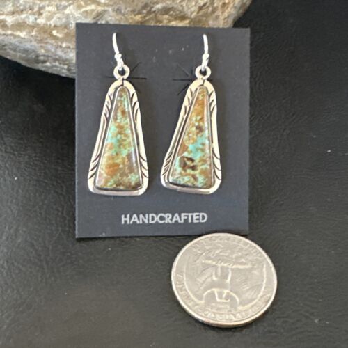 Navajo Blue Boulder Turquoise Dangle Earrings | Sterling Silver | Authentic Native American Handmade | 16500