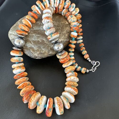Navajo Blue Turquoise & Spiny Oyster Graduated Necklace | Sterling Silver | Authentic Native American | 24" | 16263 - Masha USA