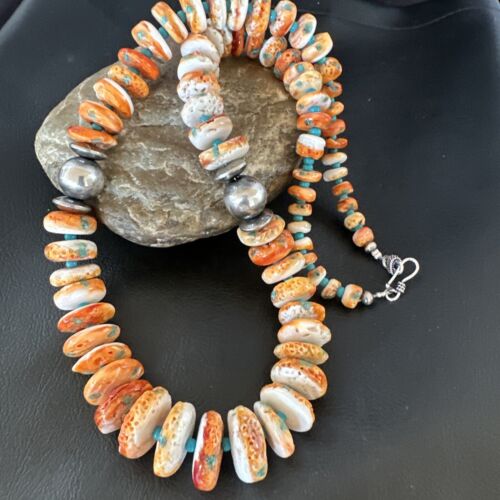 Navajo Blue Turquoise & Spiny Oyster Graduated Necklace | Sterling Silver | Authentic Native American | 24" | 16263