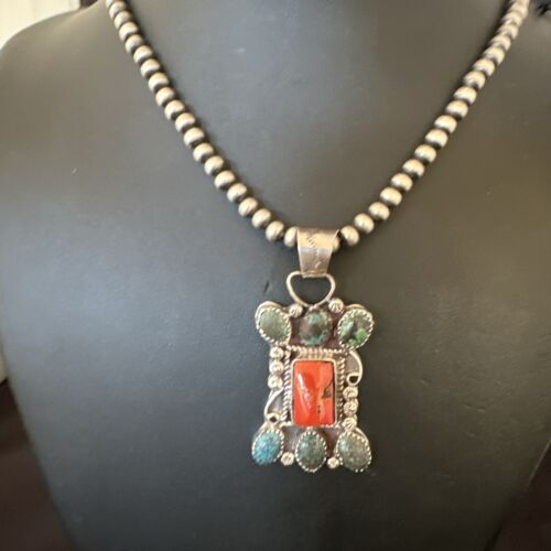 Navajo Turquoise Coral Cluster Pendant Necklace | Sterling Silver | Native American Handmade | 17185