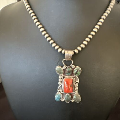 Navajo Turquoise Coral Cluster Pendant Necklace | Sterling Silver | Native American Handmade | 17185