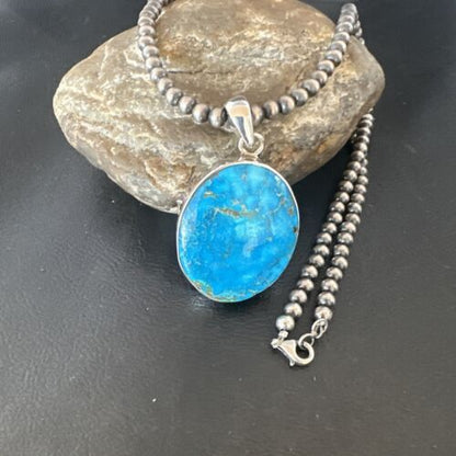 Navajo Blue Kingman Turquoise Pendant Necklace | Sterling Silver | 20" | Authentic Native American Handmade | 16675