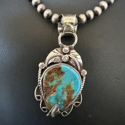 Navajo Blue Turquoise Pendant Necklace | Sterling Silver Pearls | Authentic Native American Handmade | 15652