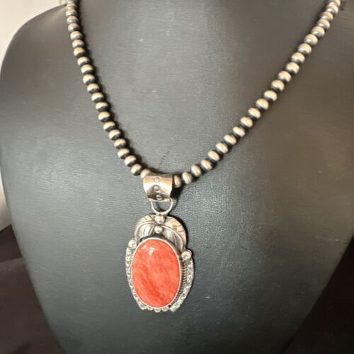 Navajo Red Spiny Oyster Pendant Necklace | Sterling Silver | Authentic Native American Handmade | 15632