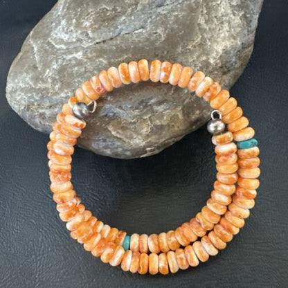 Navajo Orange Spiny Oyster Blue Turquoise Bracelet | 6mm Memory Wire Steel | Authentic Native American Handmade | 17621