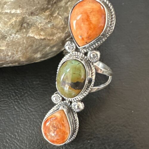 Navajo Green Turquoise Spiny Oyster Multi-Stone Ring | Authentic Native American Sterling Silver | Sz 10 | 16714