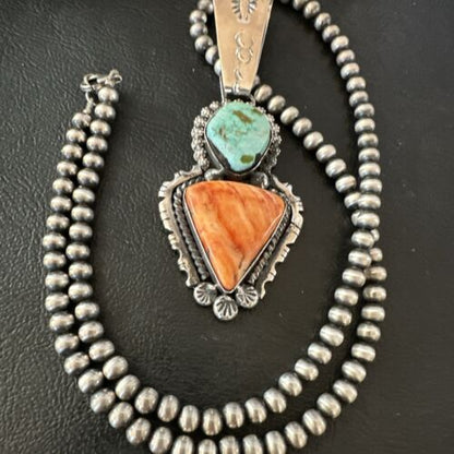 Navajo Green Royston Turquoise | Spiny Pendant Necklace | Sterling Silver | Native American Handmade | 17013