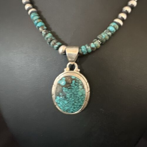 Men's Blue Spiderweb Turquoise Pendant Necklace | Navajo Sterling Silver | Authentic Native American Handmade | 17084