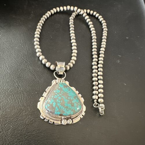Navajo Men's Blue Turquoise #8 Pendant Necklace | Sterling Silver | Authentic Native American Handmade | 17123