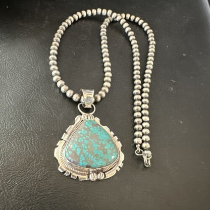 Navajo Men's Blue Turquoise #8 Pendant Necklace | Sterling Silver | Authentic Native American Handmade | 17123