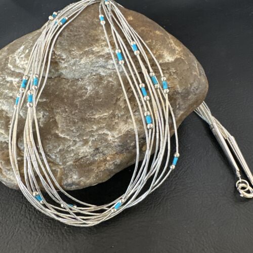 Navajo Blue Turquoise Heishi Necklace | 10 Strand Liquid Sterling Silver | 20" | 15887