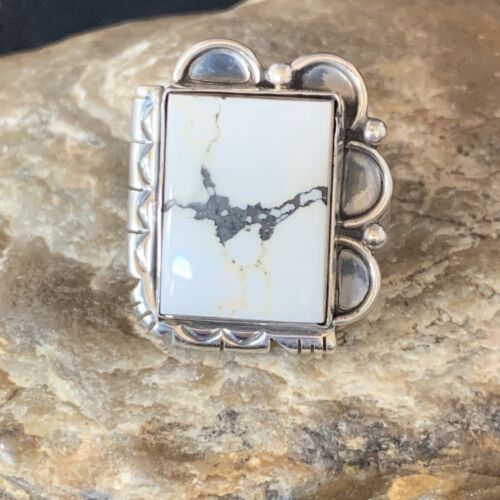 Navajo White Buffalo Turquoise Ring | Sterling Silver | Sz 8.5 | Authentic Native American Handmade | 13531