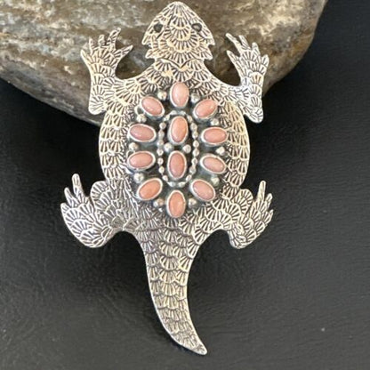 Handmade Stamped Navajo Pink Coral Horny Toad Pin | Authentic Native American Jewelry | 15669