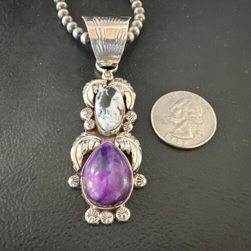White Buffalo Turquoise & Sugilite Pendant | Navajo Pearls | Sterling Silver | Native American Handmade | 16870
