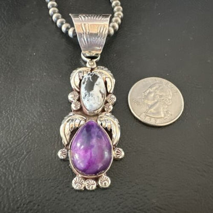 White Buffalo Turquoise & Sugilite Pendant | Navajo Pearls | Sterling Silver | Native American Handmade | 16870