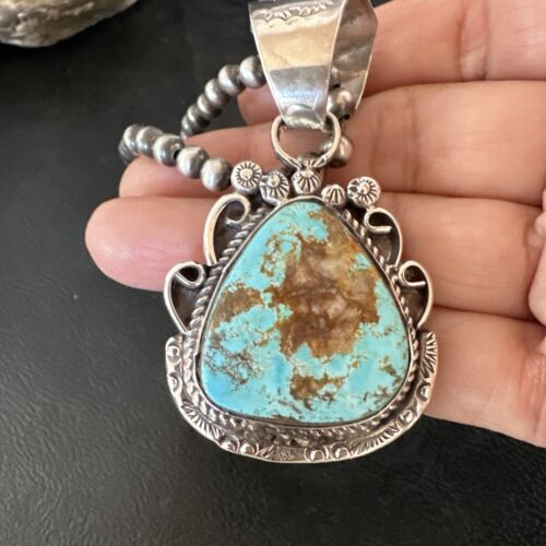 Navajo Royston Turquoise Pendant with Pearls | Sterling Silver Necklace | Authentic Native American Handmade | 17064