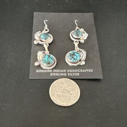 Navajo Blue Spiderweb Turquoise Dangle Earrings | Sterling Silver | Authentic Native American Handmade | 16011