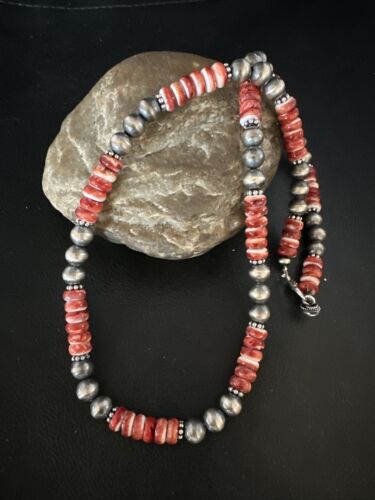 Navajo Pearls Red Spiny Oyster Necklace | 8mm Sterling Silver | Authentic Native American Handmade | 22" | 14850