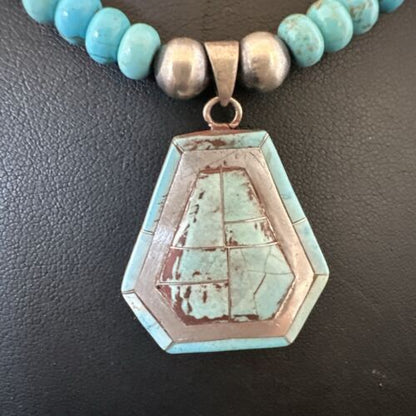 Navajo Turquoise Inlay Pendant Necklace | Sterling Silver | Authentic Native American Handmade | 17078